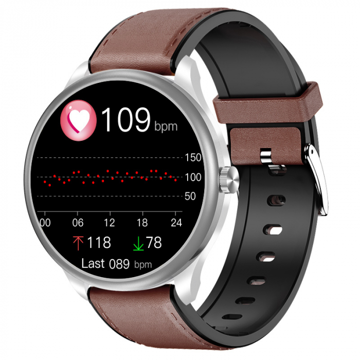 Smartwatch iSEN Watch M3 Silver cu bratara maro inchis de piele, 1.3 Touchscreen, Bt Call, IP68, 240mAh, HR, Tensiune, Notificari, Muzica