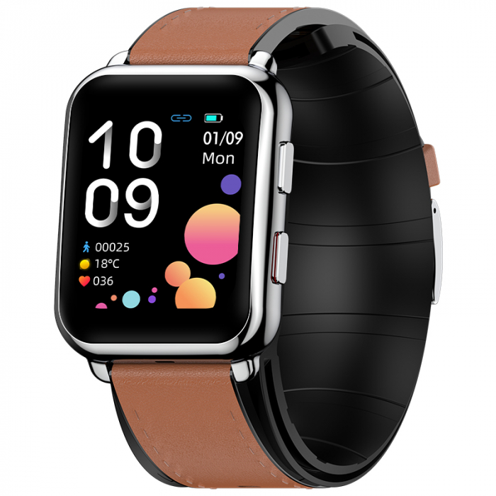 Smartwatch iSEN Watch P80 Silver cu bratara maro din piele, 1.65 HD, Tensiometru cu manseta gonflabila, Ritm cardiac, Temperatura, Oxigen