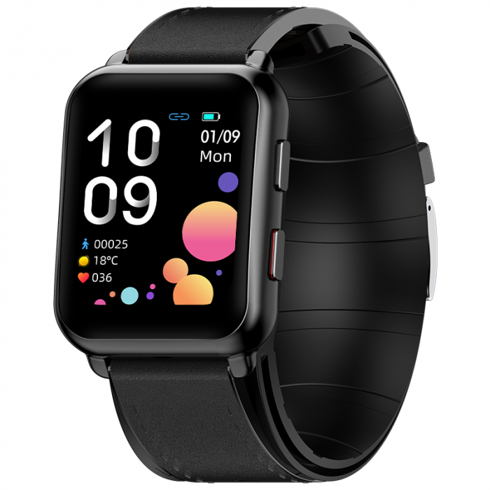 Smartwatch iSEN Watch P80 Negru cu bratara neagra din piele, 1.65 HD, Tensiometru cu manseta gonflabila, Ritm cardiac, Temperatura, Oxigen