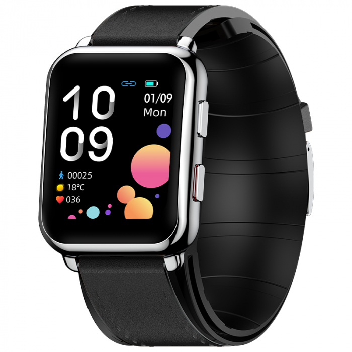 Smartwatch iSEN Watch P80 Silver cu bratara neagra din piele, 1.65 HD, Tensiometru cu manseta gonflabila, Ritm cardiac, Temperatura, Oxigen