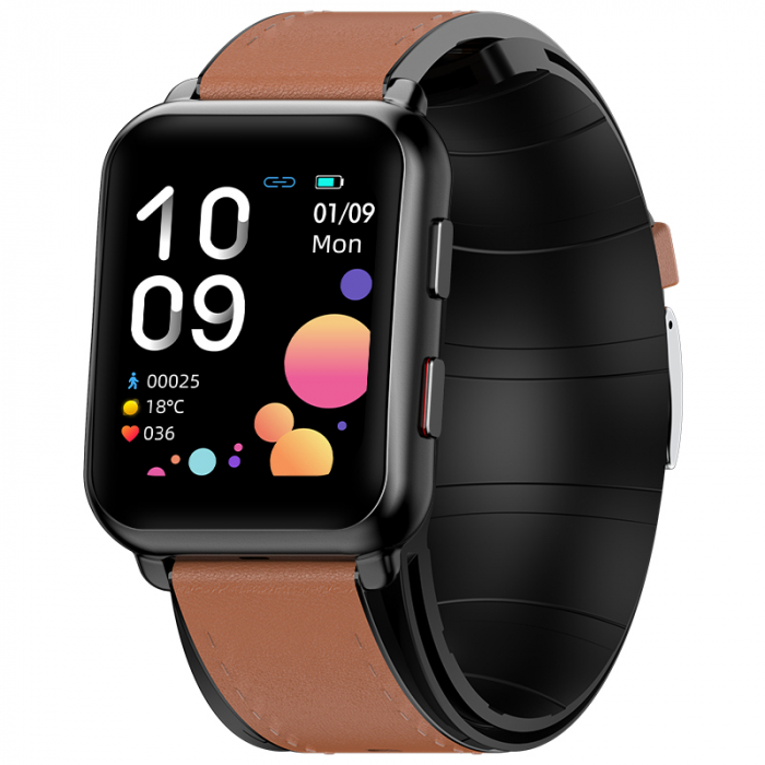 Smartwatch iSEN Watch P80 Negru cu bratara maro din piele, 1.65 HD, Tensiometru cu manseta gonflabila, Ritm cardiac, Temperatura, Oxigen