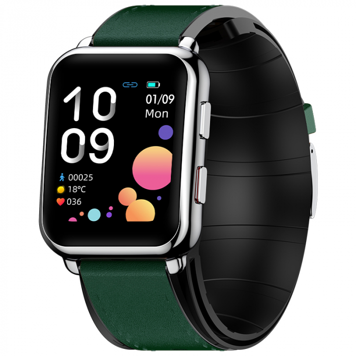 Smartwatch iSEN Watch P80 Silver cu bratara verde din piele, 1.65 HD, Tensiometru cu manseta gonflabila, Ritm cardiac, Temperatura, Oxigen