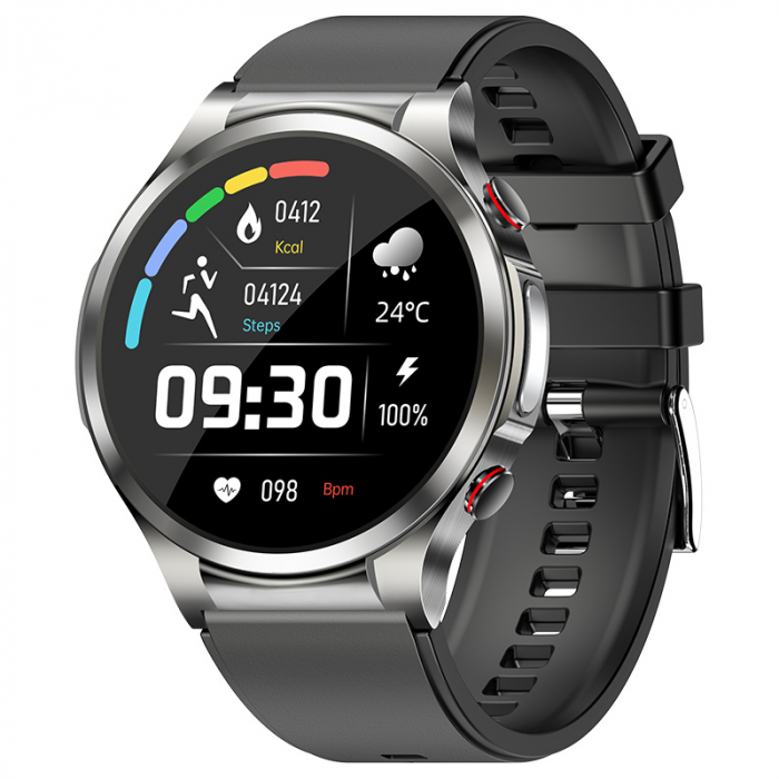 Smartwatch iSEN Watch W11, Silver cu bratara neagra de silicon, Monitorizare functii vitale, HD 1.32 , Bt v5.1, IP67, 230 mAh