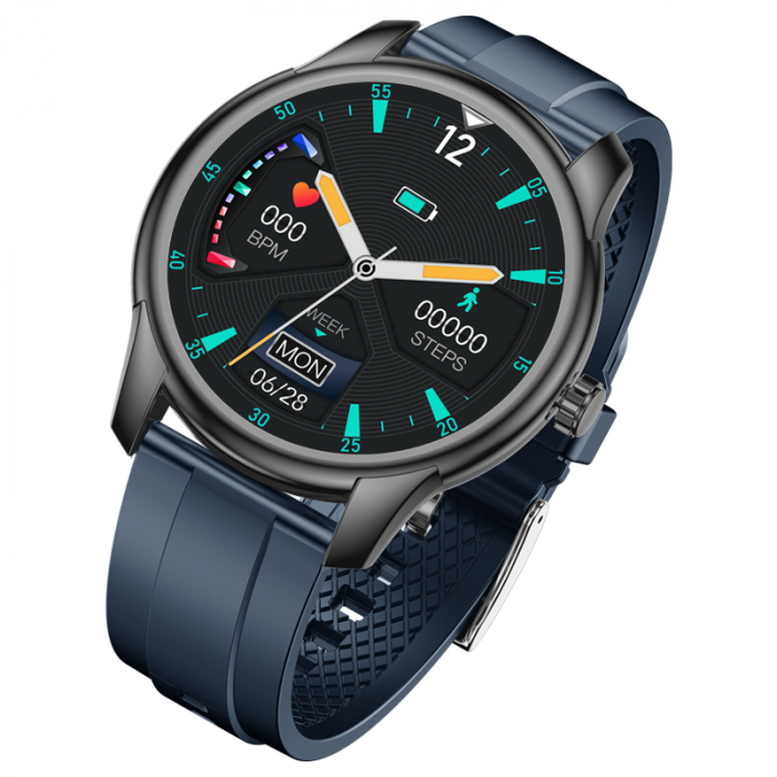 Smartwatch iSEN Watch W9 Negru cu bratara bleumarin din TPU, 1.3 Display costomizabil, IP68, 200mAh, HR, Tensiune, Notificari, Muzica