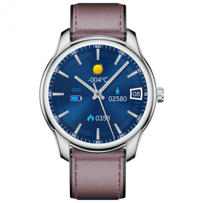 Smartwatch iSEN Watch W9 Silver cu bratara maro inchis din piele, 1.3 Display costomizabil, IP68, 200mAh, HR, Tensiune, Notificari, Muzica