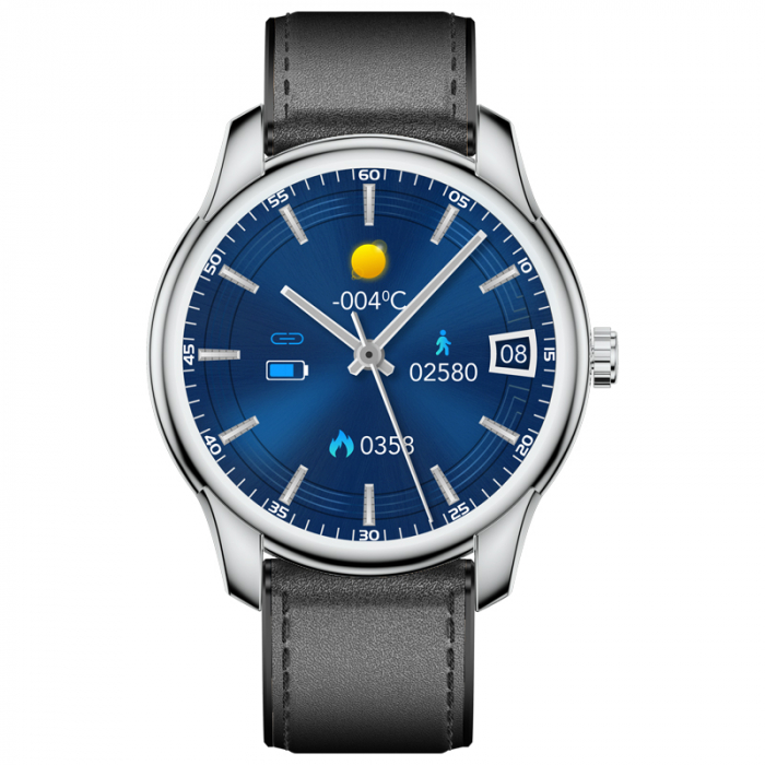 Smartwatch iSEN Watch W9 Silver cu bratara neagra din piele, 1.3 Display costomizabil, IP68, 200mAh, HR, Tensiune, Notificari, Muzica