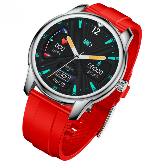 Smartwatch iSEN Watch W9 Silver cu bratara rosie din TPU, 1.3 Display costomizabil, IP68, 200mAh, HR, Tensiune, Notificari, Muzica