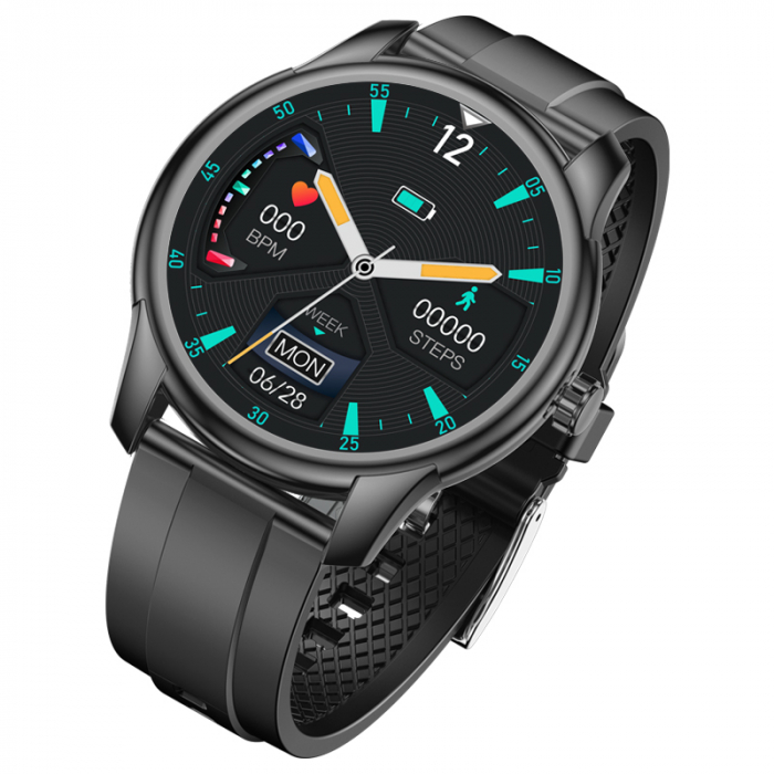 Smartwatch iSEN Watch W9 Negru cu bratara neagra din TPU, 1.3 Display costomizabil, IP68, 200mAh, HR, Tensiune, Notificari, Muzica