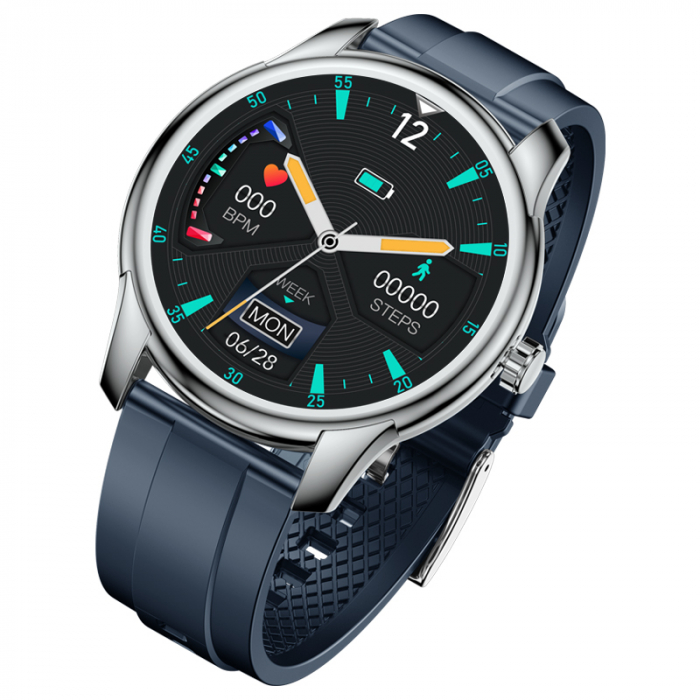 Smartwatch iSEN Watch W9 Silver cu bratara bleumarin din TPU, 1.3 Display costomizabil, IP68, 200mAh, HR, Tensiune, Notificari, Muzica