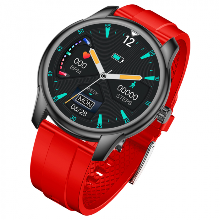 Smartwatch iSEN Watch W9 Negru cu bratara rosie din TPU, 1.3 Display costomizabil, IP68, 200mAh, HR, Tensiune, Notificari, Muzica