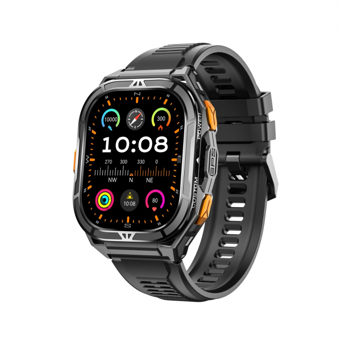 Smartwatch iSEN X5, Negru, Bratara din silicon, AMOLED 1.96  , Ritm cardiac, SpO2, Monitorizare stres, 100+ moduri sport cu GPS, Apel Bluetooth, 530 mAh, Android 6.0 sau iOS 12.0