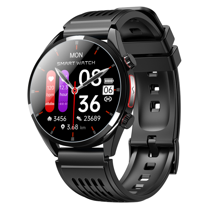 Smartwatch iSEN FE02, Negru, Curea Silicon Neagra, 1.43   AMOLED, Ritm Cardiac, SpO2, Glicemie, Tensiune, Moduri Sport, Apelare HD Bluetooth, 350 mAh, Android 5.0 sau iOS 10.0 sau ulterior