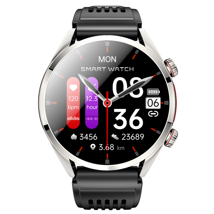 Smartwatch iSEN FE02, Silver, Curea Silicon Neagra, 1.43" AMOLED, EKG, Ritm Cardiac, SpO2, Glicemie, Tensiune, Moduri Sport, Apelare HD Bluetooth, 350 mAh, Android 5.0 sau iOS 10.0 sau ulterior [2]