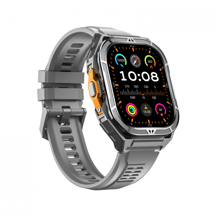 Smartwatch iSEN X5, Gri, Bratara din silicon, AMOLED 1.96", Ritm cardiac, SpO2, Monitorizare stres, 100+ moduri sport cu GPS, Apel Bluetooth, 530 mAh, Android 6.0 sau iOS 12.0 [7]