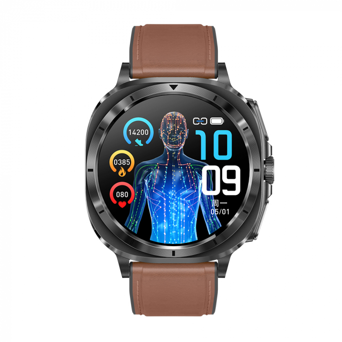 Smartwatch iSEN ET492, Curea piele maro, 1.43" AMOLED HD, HRV, ECG, Monitorizare sanatate, Functii sport, Bluetooth Call, 380 mAh, Android 5.0 or iOS 10.0 sau mai recent, NFC pentru lacate [3]