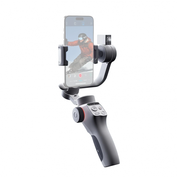 FunSnap Capture 5 3 tengelyes gimbal stabilizátor, 360°-os forgás, AI arc követés, töltőfény, LCD kijelző, kézmozdulat vezérlés, szürke [3]