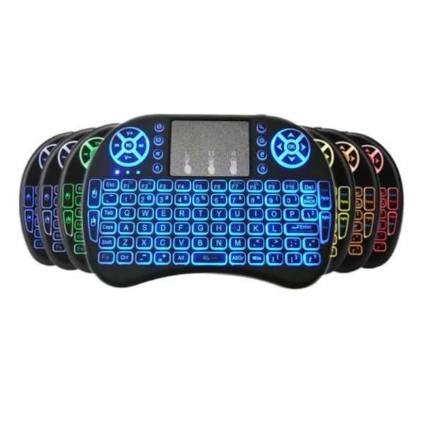 Telecomanda wireless QWERTY cu mini tastatura STAR i8, 2.4G, Iluminare LED 7 culori, Air mouse, Touch pad, Negru
