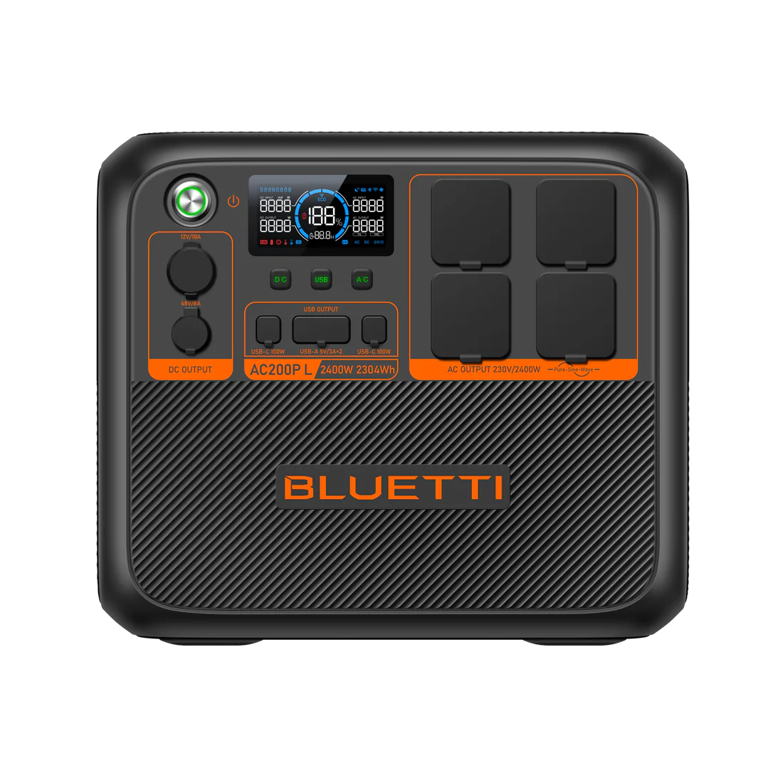 Statie de alimentare portabila   Baterie externa, Bluetti Premium 200(AC200PL), Negru, Ecran LCD, 2400W, 2304Wh, LiFePO4, Putere de varf 2500W, Intrare Max 2400W