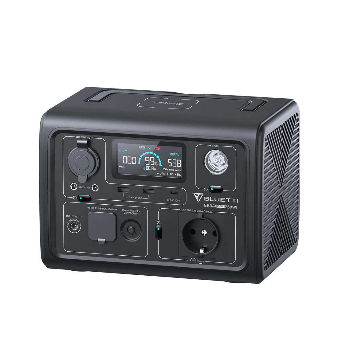 Hordozható tápegység / külső akkumulátor, Bluetti Elite 30(EB3A), fekete, LCD képernyő, 600W, 268,8Wh, LiFePO4, Csúcsteljesítmény 1200W, Maximális bemenet 350W [7]