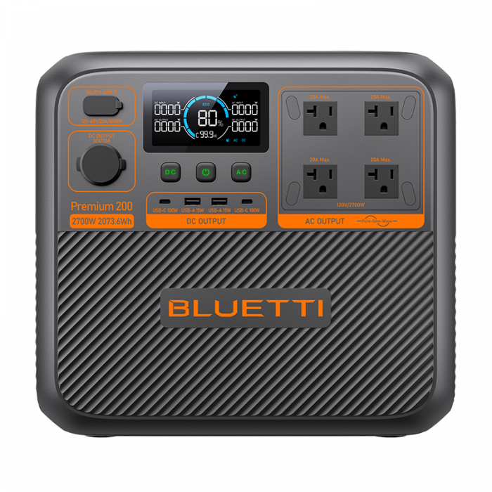Statie de alimentare portabila   Baterie externa, Bluetti Premium 200 V2, Negru, Ecran LCD, 2800W, 2073.6Wh, LiFePO4, Varf 3900W, Intrare maxima 2400W