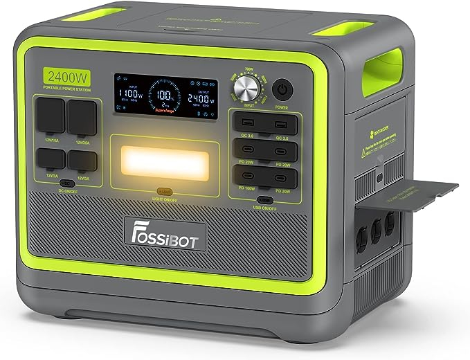 Statie de incarcare portabila Fossibot F2400 Verde, 2400W, 2048Wh, 640000mAh, Ecran LCD, Protectie BMS, 16 iesiri, Lanterna LED, SOS