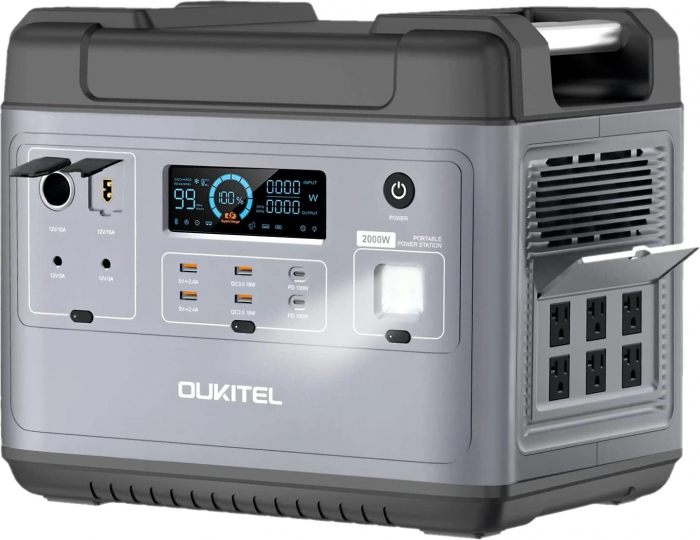 Statie de incarcare electrica portabila baterie externa Oukitel P2001E Negru, ecran LCD, 2000W, 2000 Wh, lanterna cu LED