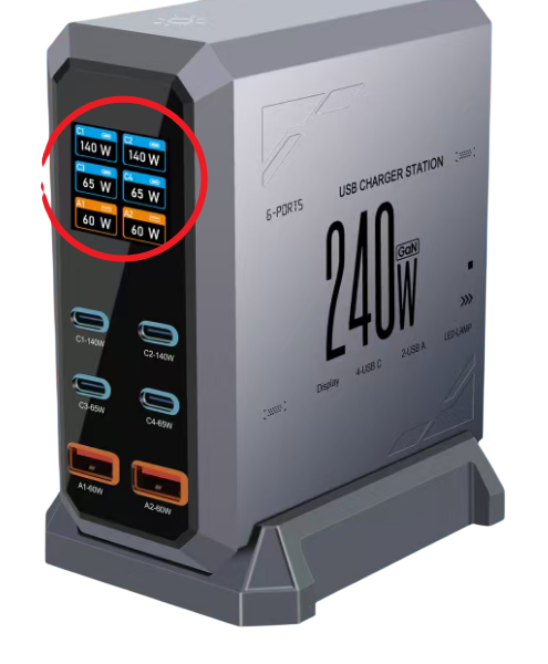 iSEN HW186 GaN Töltőállomás, 240W, 6 Port, 4×USB-C PD3.1 + 2×USB-A QC3.0, LED Kijelző, Gyors Töltés Laptophoz, Telefonhoz és Tablethez [2]