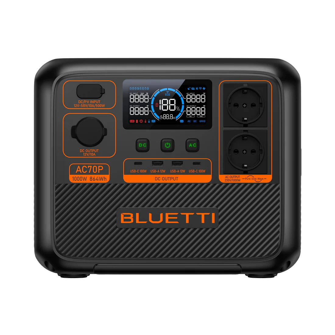 Statie de alimentare portabila   Baterie externa, Bluetti Premium 80(AC70P), Negru, Ecran LCD, 1000W, 864Wh, LiFePO4, Varf 1500W, Intrare Max 950W
