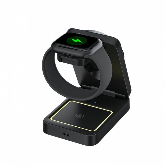 iSEN W91, 3 az 1-ben hajtogatható mágneses vezeték nélküli töltő állvány, Fekete, Fülhallgató töltő 5W, Óra töltő 2.5W, Telefon töltő 15W, Hajtható, Hűtőrendszer [7]