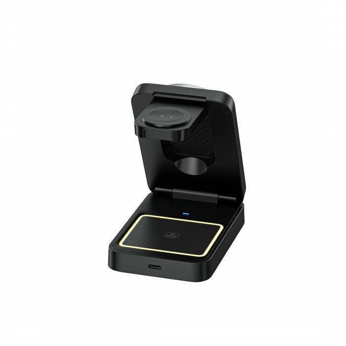 iSEN W91, 3 az 1-ben hajtogatható mágneses vezeték nélküli töltő állvány, Fekete, Fülhallgató töltő 5W, Óra töltő 2.5W, Telefon töltő 15W, Hajtható, Hűtőrendszer [6]