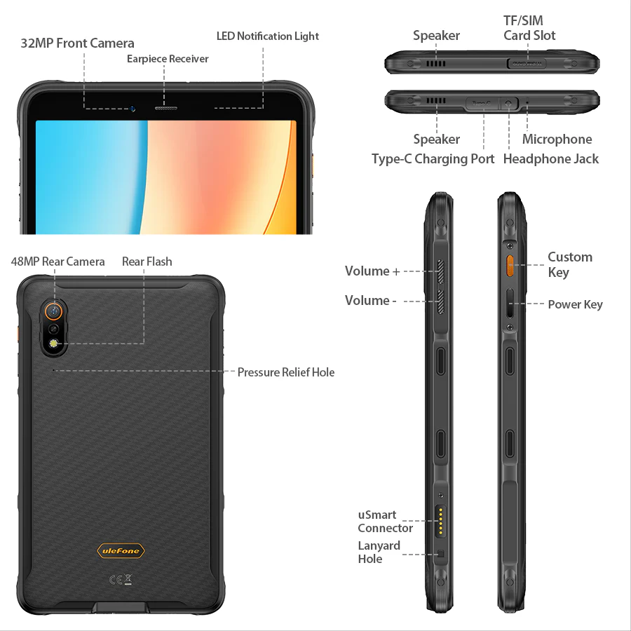 Ulefone Armor Pad Pro Black Tablet, 4G, IPS, 8.0", 16GB RAM (8GB + 8GB expandable), 128GB ROM, Android 13, MediaTek MT8788, 7650mAh, Dual SIM [6]
