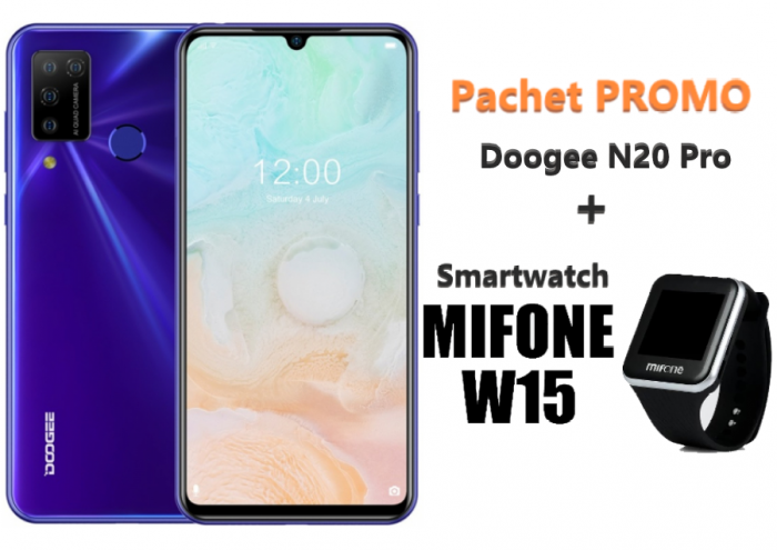 Pachet telefon mobil Doogee N20 Pro 4G 6 128 Mov + Smartwatch Mifone W15 Negru
