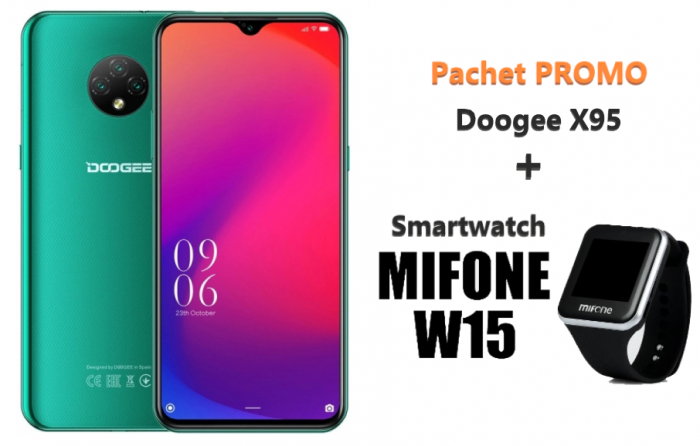 Pachet telefon mobil Doogee X95 4G 2 16 Verde + Smartwatch Mifone W15 Negru