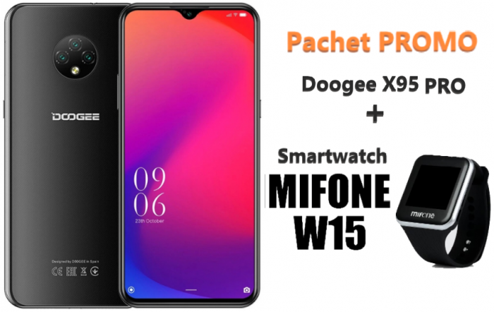 Pachet telefon mobil Doogee X95 Pro 4G 4 32 Negru + Smartwatch Mifone W15 Negru