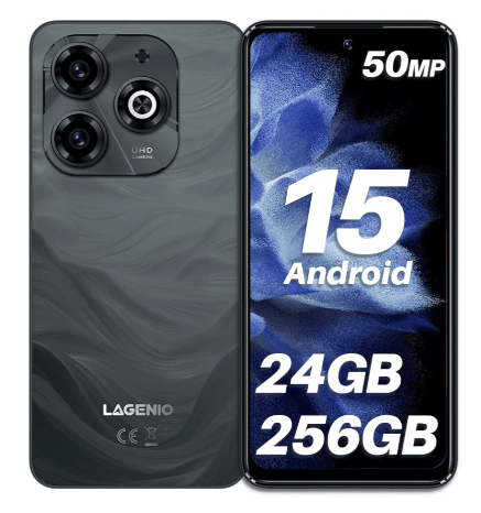 Telefon Mobil LAGENIO A11 Pro, Negru, 4G, 6.7   HD+ 120Hz, 24GB RAM (8GB + 16GB Extensibili), 256GB ROM, 50MP, Android 15, Unisoc T7250, OTG, Jack, FaceID, 5150mAh, Dual SIM