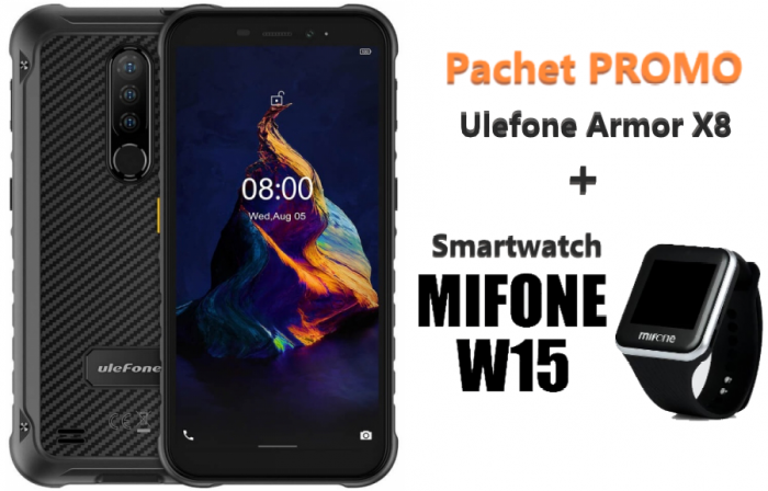 Pachet telefon mobil Ulefone Armor X8 4G 4 64 Negru + Smartwatch Mifone W15 Negru