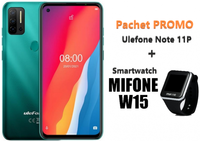 Pachet telefon mobil Ulefone Note 11P 4G 8 128 Verde + Smartwatch Mifone W15 Negru