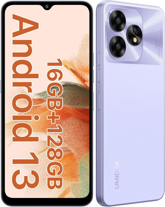 Telefon mobil UMIDIGI A15C Lavander Purple, 4G, 6.7 FHD, 16GB RAM (8GB + 8GB extensibili), 128GB ROM, Android 13, Unisoc T606, NFC, 5000mAh, Dual SIM