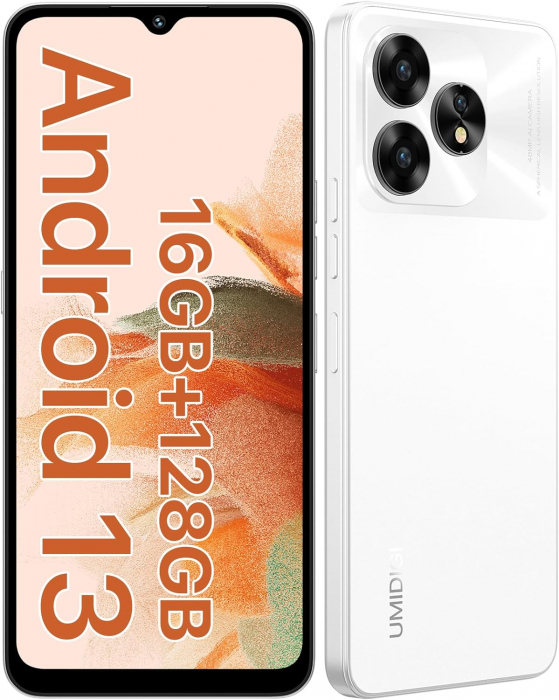 Telefon mobil UMIDIGI A15C Pearl White, 4G, 6.7 FHD, (8+8)GB RAM, 128GB ROM, Android 13, Unisoc T606, NFC, Dual SIM, 5000mAh
