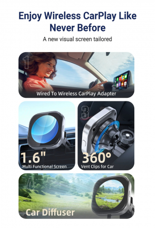 iSEN CPC1 Vezeték nélküli Autós Adapter CarPlay-hez (iOS), Fekete, 1,6 hüvelykes Kijelző Képekhez, Digitális Óra, Légfrissítő Funkció, Type-C, Automatikus Csatlakozás [8]