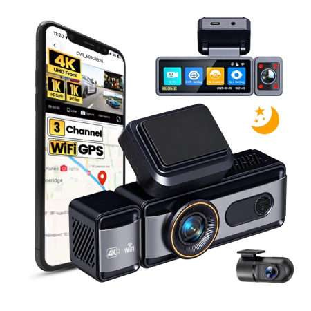 Noutati - Cameră Auto DVR iSEN F10, 3 Camere, 4K UHD + 1080P Cabină + 1080P Spate, Ecran IPS 3.2”, WiFi Dual Band, H.265, G-Sensor, Parking Monitor, microSD 512GB