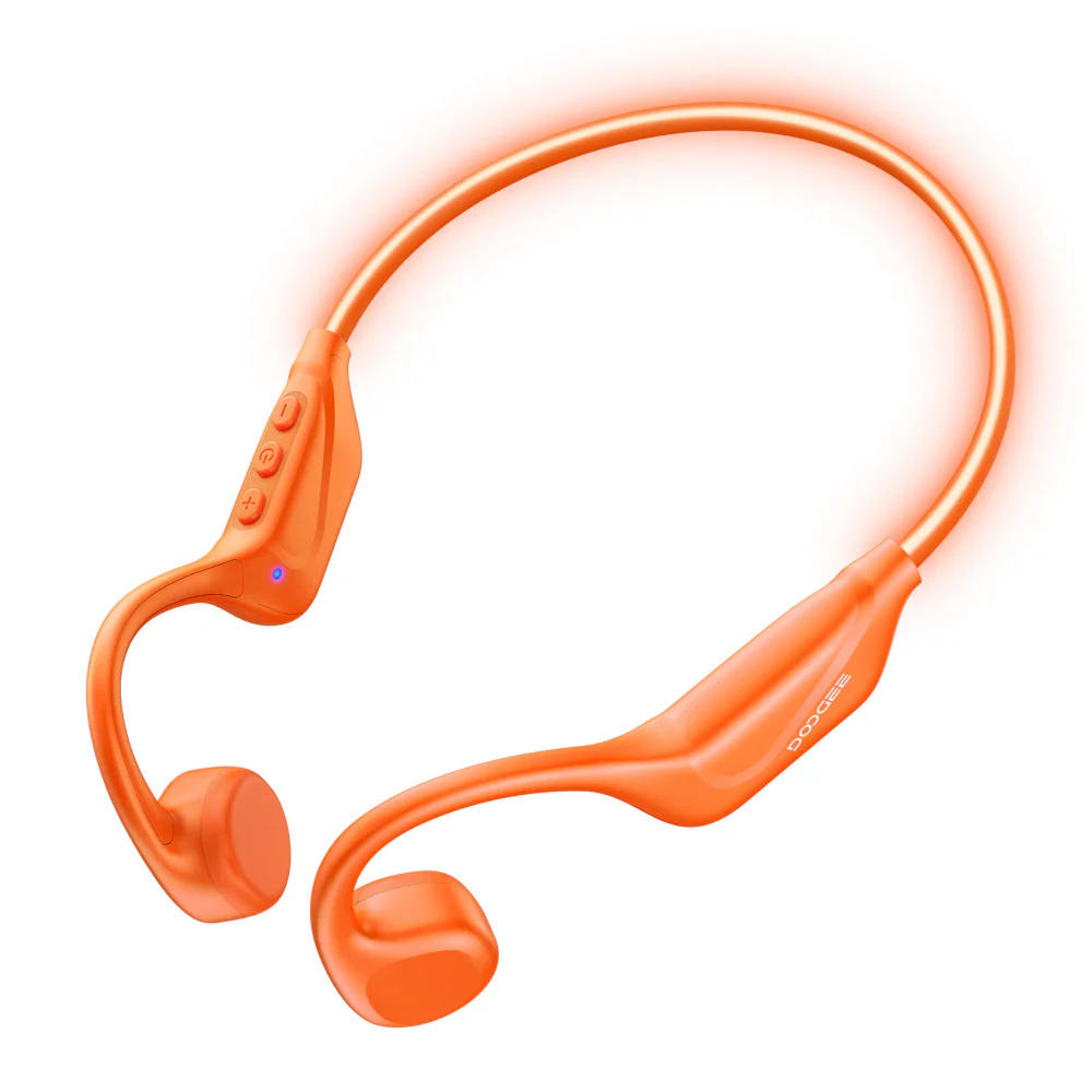 Wireless headphones - DOOGEE BoneBeat Run Ray Open-Ear Headphones, Orange, Bluetooth 6.0, LED Safety Light, IP66, 10h Playtime, Dual Device