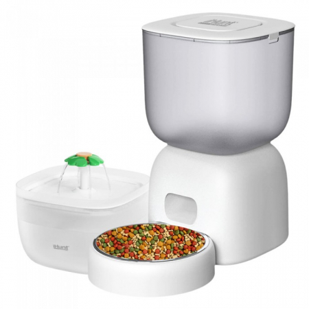 Accesorii - Hranitor automat si fantana de apa pentru animale de companie iHunt Smart Pet Care Pack, Programabil, Sistem de filtrare, Aplicatie iHuntHome, Silentios, 3L, Alb