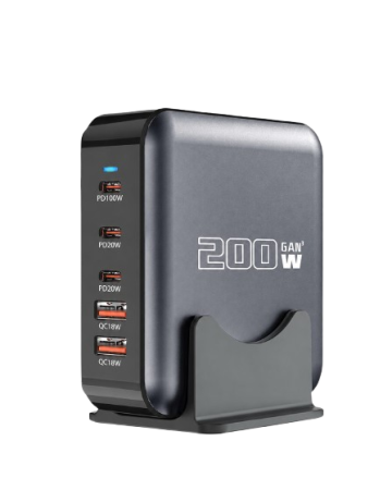 Noutati - Încărcător Desktop iSEN 200W GaN, Negru, 5 Porturi USB (3x USB-C + 2x USB-A), PD 100W, Încărcare Rapidă Multi-Dispozitiv