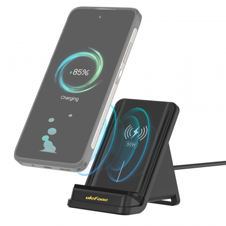 Telefoane - Stand incarcare wireless Ulefone, 50W incarcare rapida, Design orizontal/ vertical, Bobina dubla, Cooler vertical 3D, Ventilator