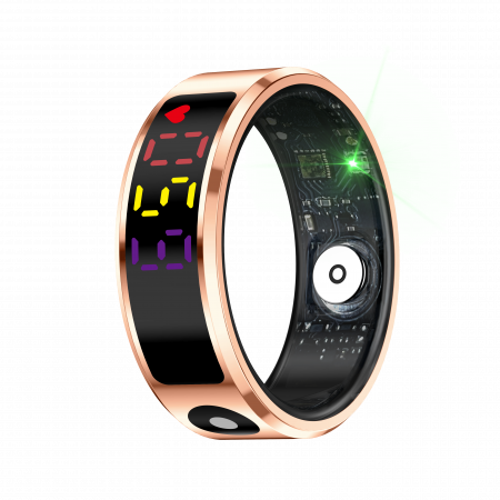 Inel Smart - Inel inteligent iSEN R12 Auriu, Ritm cardiac, Oxigen in sange, HRV, Stres, Somn, Contor pași distanta si calorii, Temperatura, Moduri sport, Fotografi la distanta, Carcasa de incarcare, 16 mAh