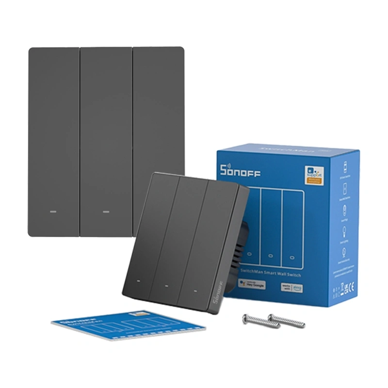 intrerupator de perete inteligent SONOFF M5-3C-80 cu conexiune WiFi (3 canale, montare incastrata, culoare grafit) [1]