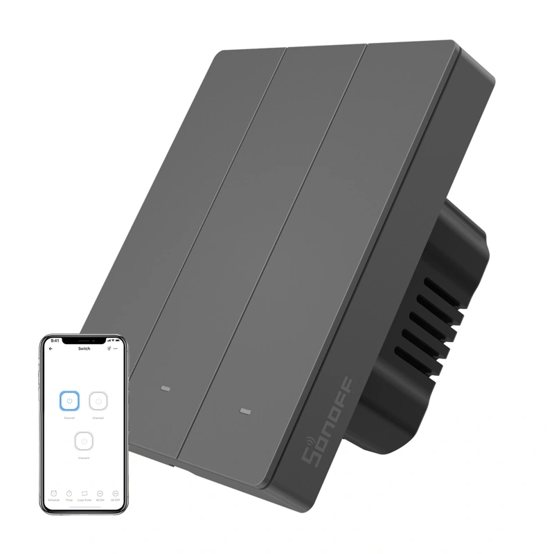 Smart Home - intrerupator de perete inteligent SONOFF M5-3C-80 cu conexiune WiFi (3 canale, montare incastrata, culoare grafit)