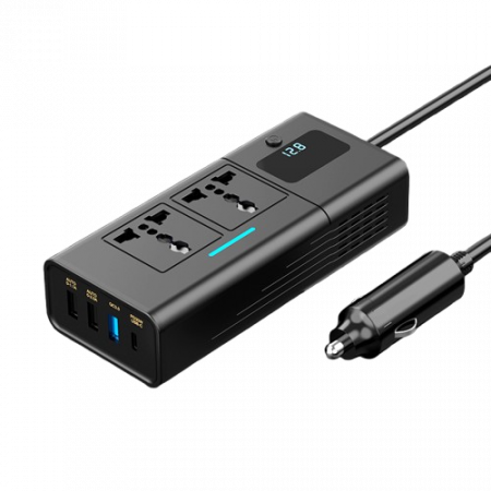 Accesorii Auto - Invertor Auto iSEN 200W Negru, DC12V la AC110V/220V , Multiple Interfețe, Ecran Digital, QC3.0 și PD Încărcare Rapidă, Protecție Supratensiune, Ventilare