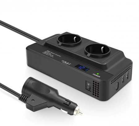 iSEN - Feszültség Inverter Autós Aljzatról iSEN 8300-2, 12V-ról Kettős EU Aljzatra 230V, 200W Teljesítmény, 2 x USB Port, 5.4A, PD Támogatás, Digitális Kijelző